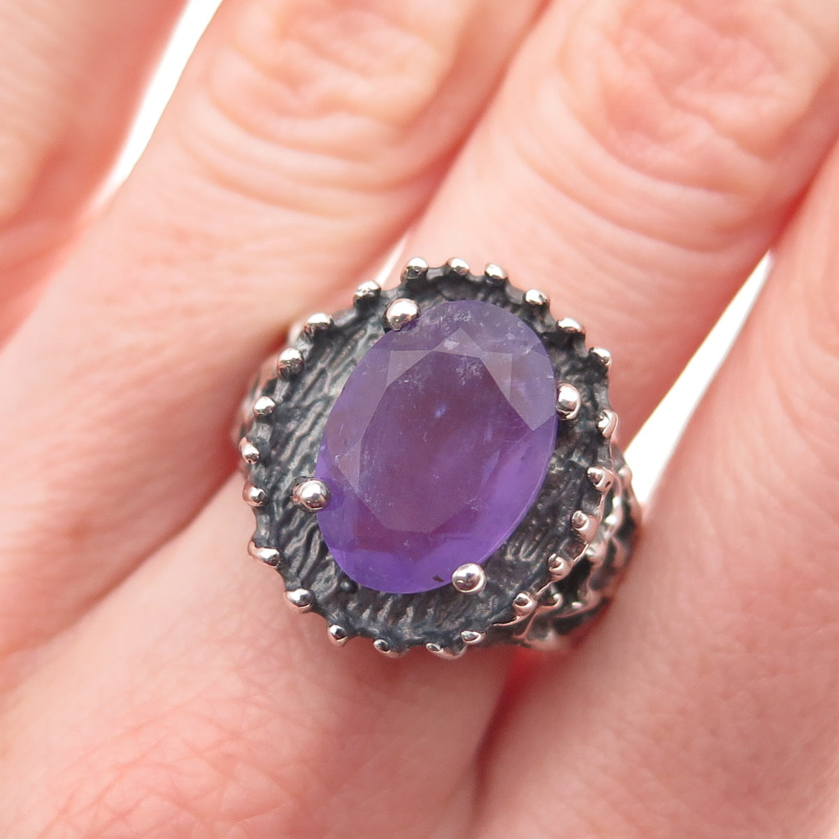 925 Sterling Silver Vintage Real Amethyst Modernist Oxidized Ring Size 8.5
