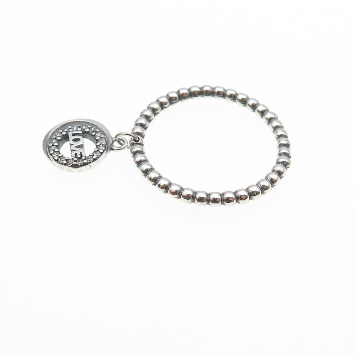 925 Sterling Silver Round-Cut C Z Love Dangle Charm Beaded Band Ring Size 7.75