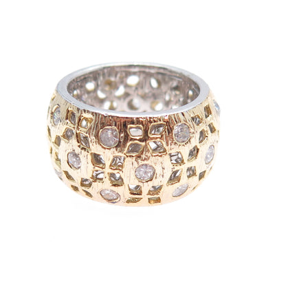 925 Sterling Silver 2-Tone Vintage Round-Cut C Z Flower Band Ring Size 6