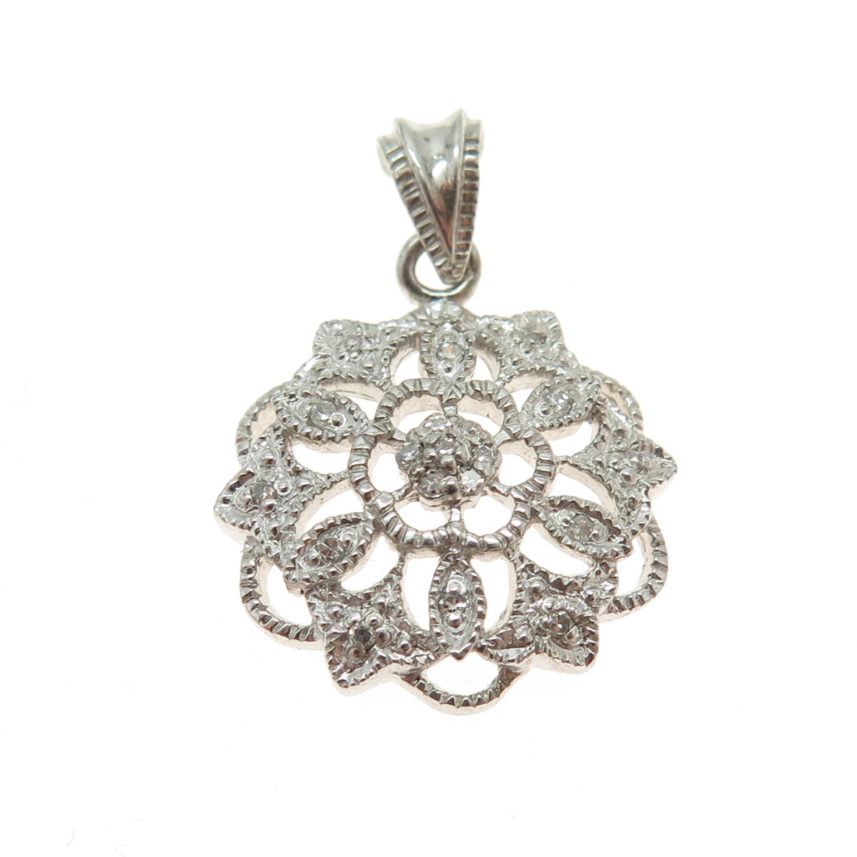 CHUCK CLEMENCY 925 Sterling Silver Real Round-Cut Diamond Flower Pendant