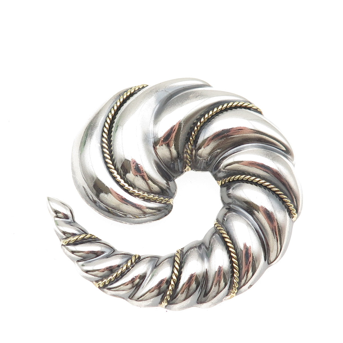 LATON 925 Sterling Silver 2-Tone Vintage Mexico Ribbed Spiral Pin Brooch Pendant