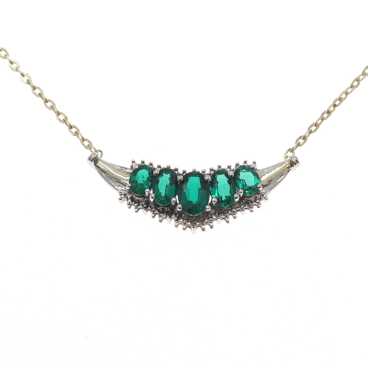 925 Sterling Silver 2-Tone Real Diamond & Chrome Diopside Chain Necklace 18"