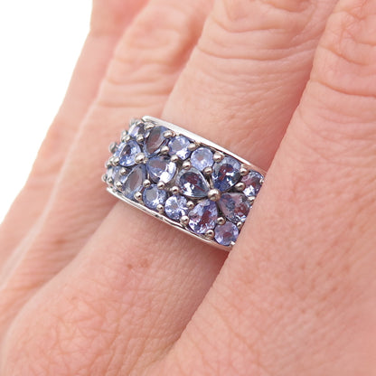925 Sterling Silver Real Pear & Round-Cut Tanzanite Floral Ring Size 8