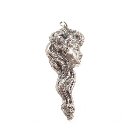 925 Sterling Silver Vintage Lady Repousse Oxidized Charm Pendant