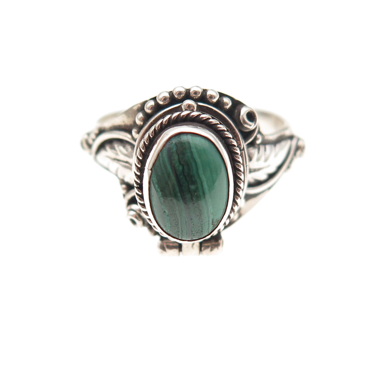 925 Sterling Silver Vintage Real Malachite Oxidized Poison Ring Size 4.75