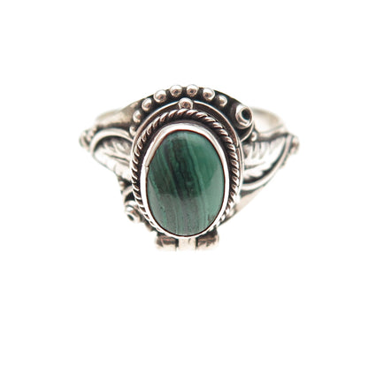 925 Sterling Silver Vintage Real Malachite Oxidized Poison Ring Size 4.75