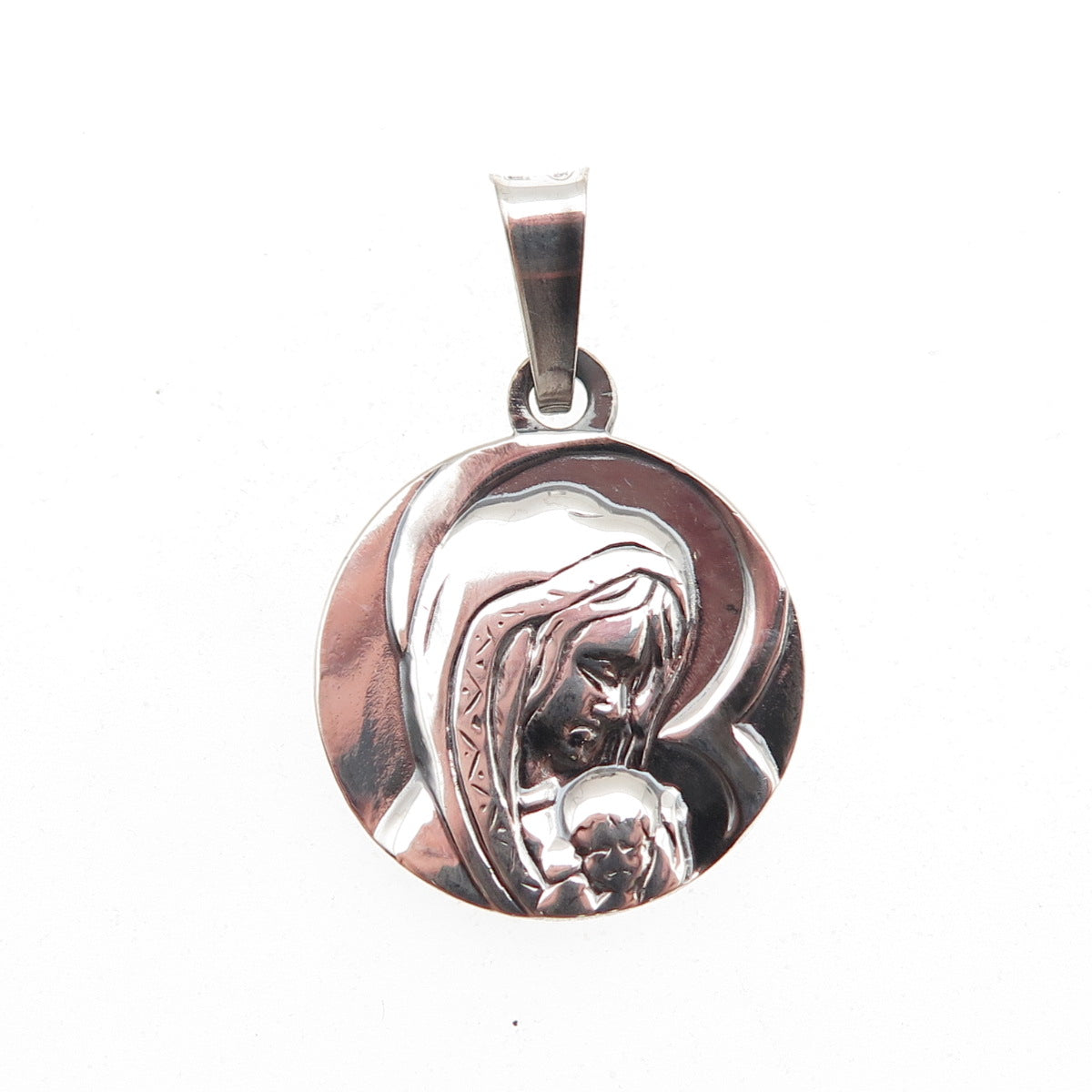 925 Sterling Silver Vintage Italy St Mary & Jesus Oxidized Charm Pendant