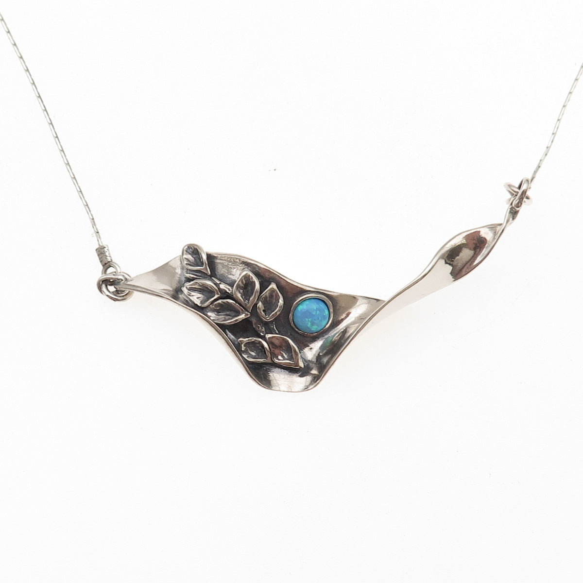 925 Sterling Silver Vintage Real Opal Modernist Floral Chain Necklace 18"
