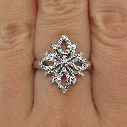 925 Sterling Silver Real Round-Cut Diamond Flower Ring Size 8