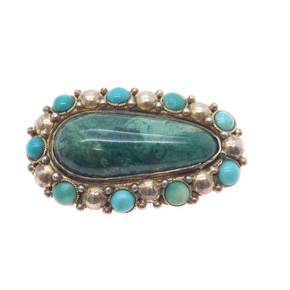 925 Sterling Silver Gold Plated Vintage Israel Real Eilat & Turquoise Pin Brooch