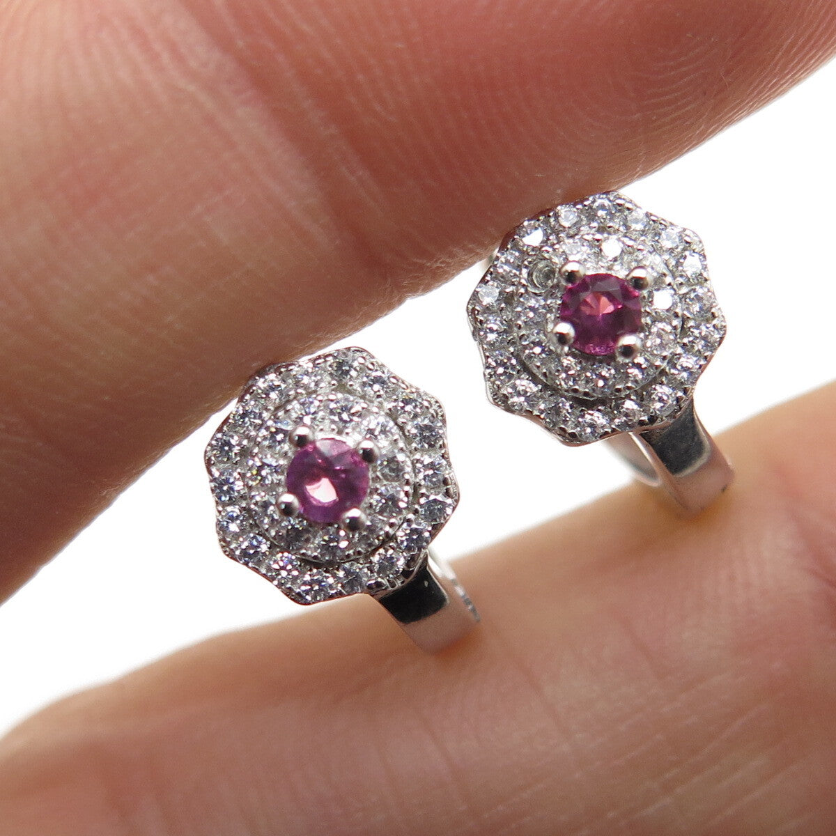 925 Sterling Silver Pink & White Round-Cut Shaped C Z Hoop Earrings