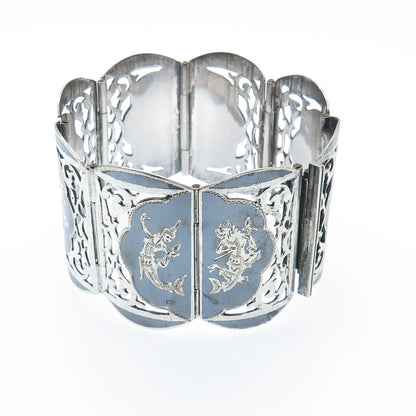 925 Sterling Silver Antique Siam Niello Hindu Goddess Panel Link Bracelet 7"