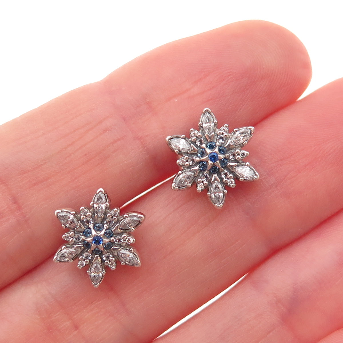 Pandora 925 Sterling Silver Blue & White C Z Snowflake Stud Earrings