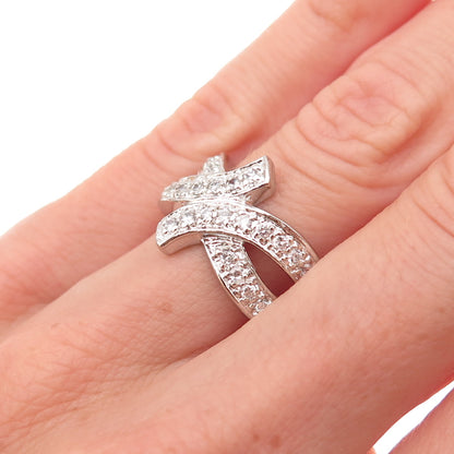 925 Sterling Silver Round-Cut C Z Crisscross Bypass Ring Size 6.25