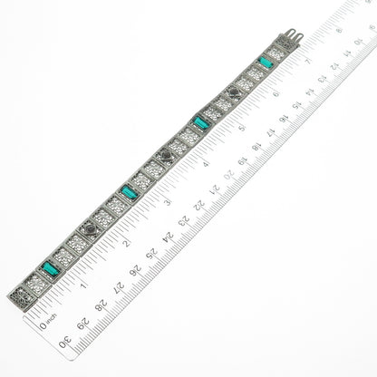 925 Sterling Silver Antique Emerald-Cut Glass & Rhinestone Filigree Bracelet 7"