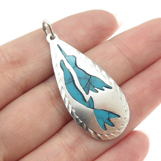 925 Sterling Silver Vintage Mexico Real Turquoise Gem Tribal Bird Pendant