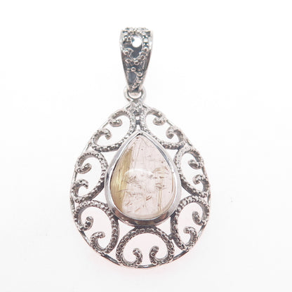 925 Sterling Silver Vintage Real Rutilated Quartz Ornate Teardrop Charm Pendant