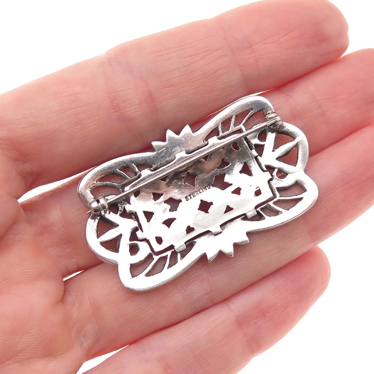 925 Sterling Silver Antique Art Deco Real Marcasite Floral Oxidized Pin Brooch