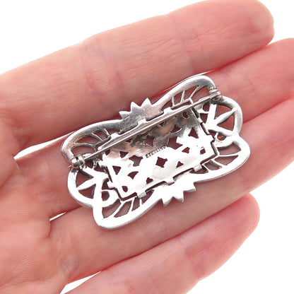 925 Sterling Silver Antique Art Deco Real Marcasite Floral Oxidized Pin Brooch