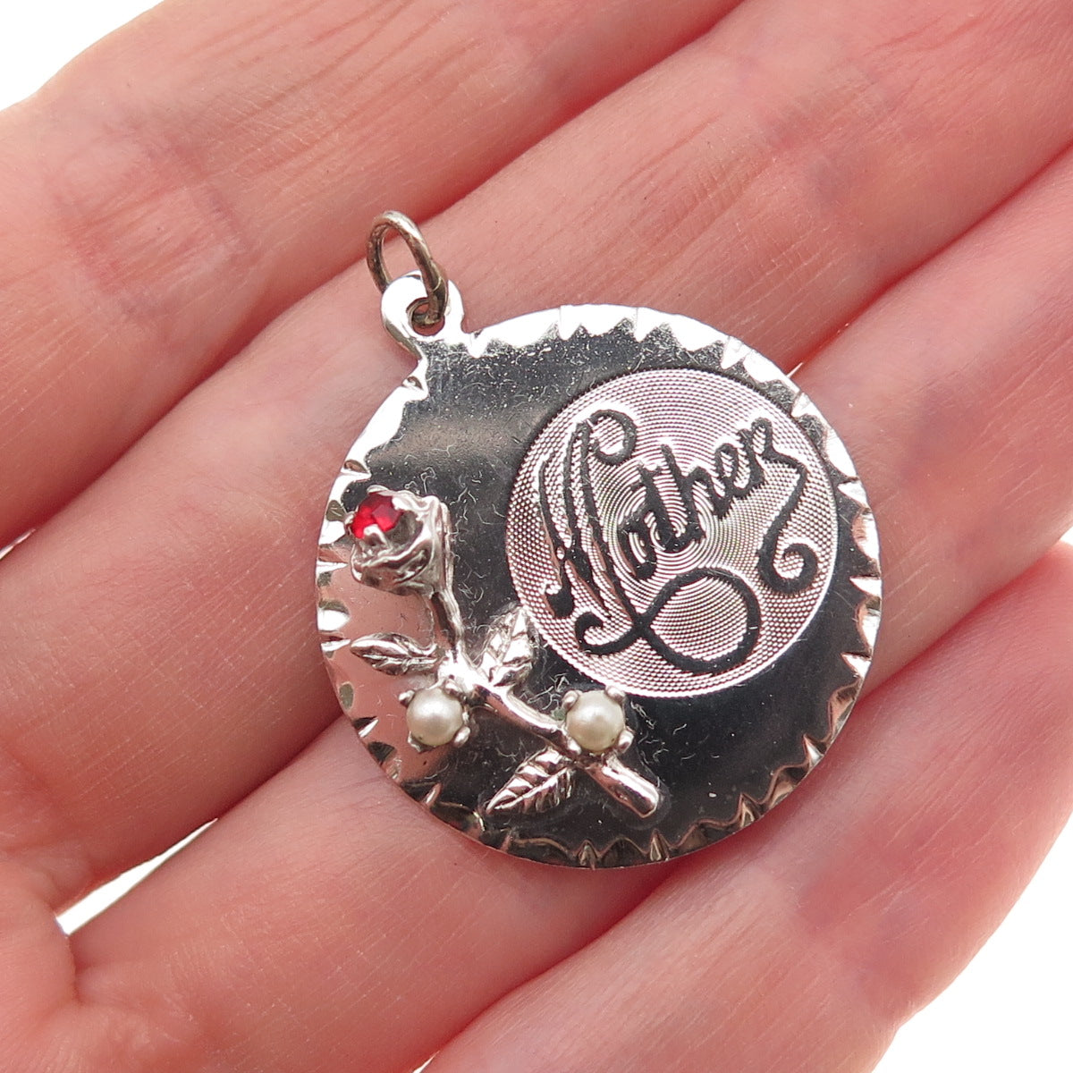 Town & Country 925 Sterling Vintage Real Pearl Rhinestone Mother Charm Pendant