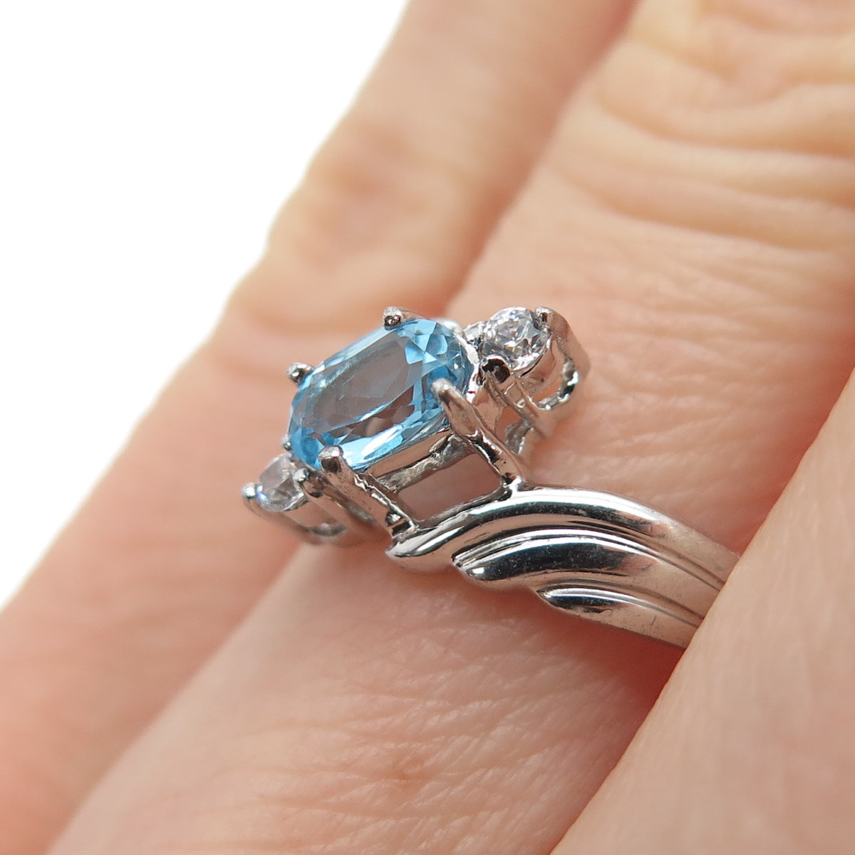 925 Sterling Silver Real Blue Topaz & Round-Cut C Z Bypass Ring Size 6