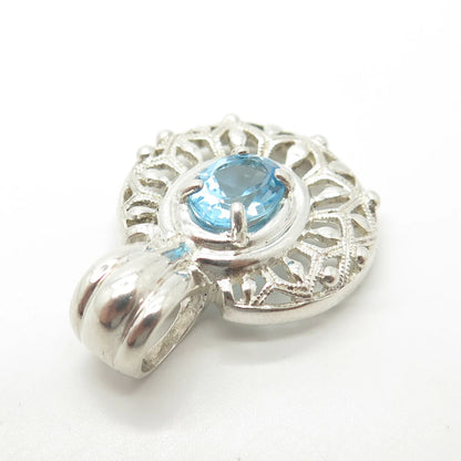 925 Sterling Silver Vintage Real Blue Topaz Gemstone Ornate Pendant