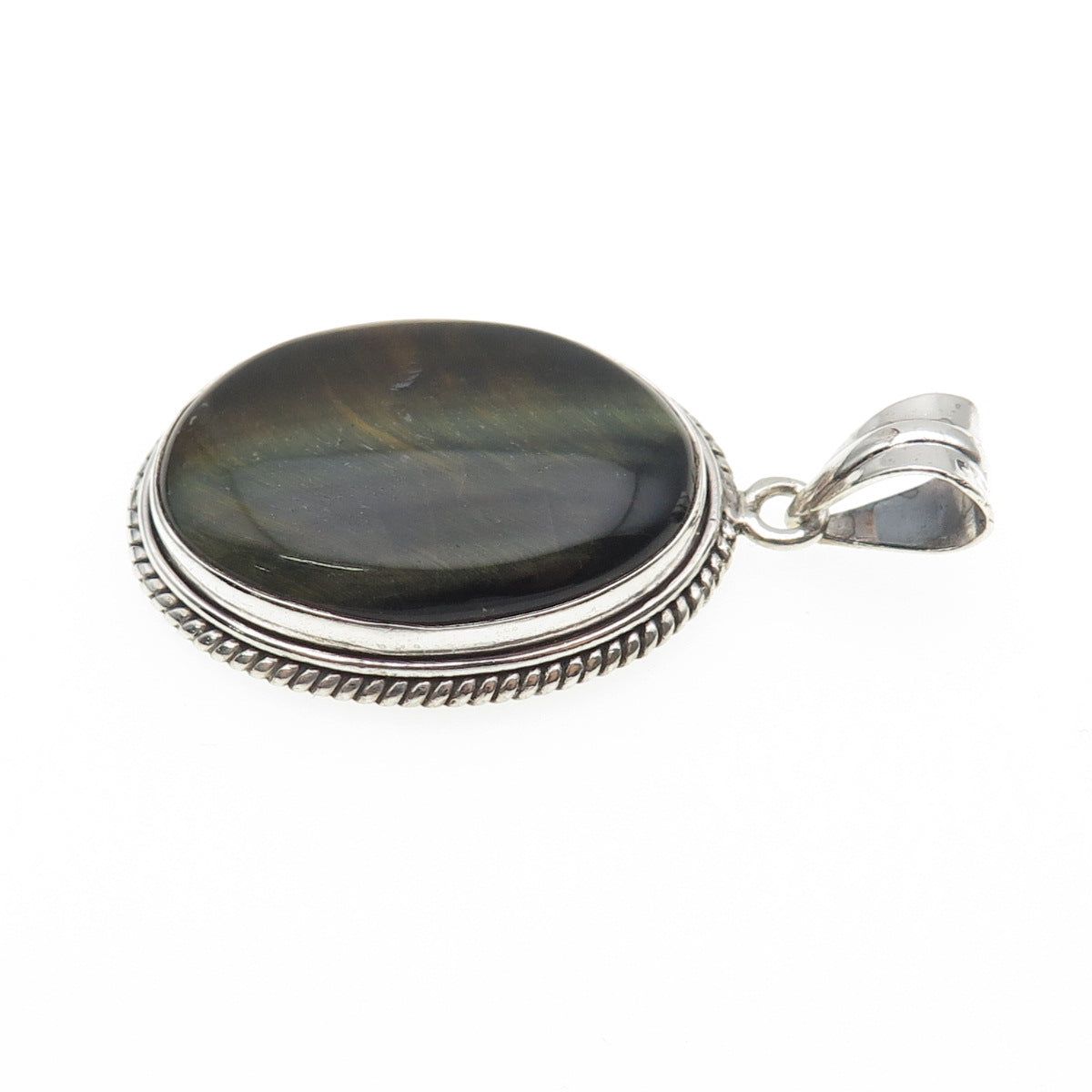 925 Sterling Silver Vintage Real Cabochon Tiger Eye Charm Pendant