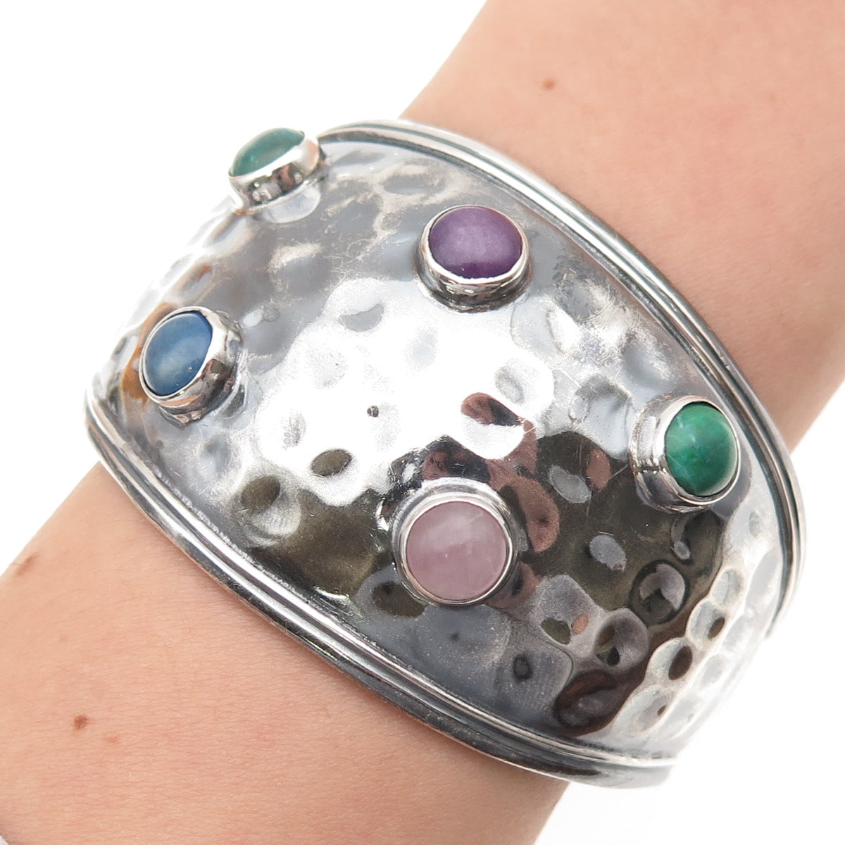 925 Sterling Silver Vintage Mexico Multi-Gem Modernist Adjustable Bracelet 7"