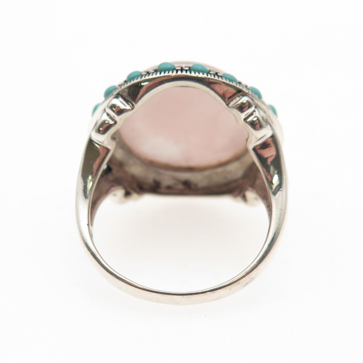 925 Sterling Silver Vintage Real Rose Quartz Turquoise Modernist Ring Size 7.75