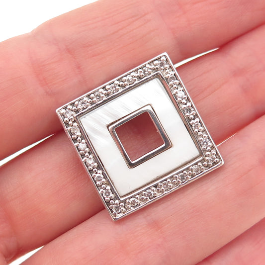 925 Sterling Silver Vintage Real MOP & C Z Square Slide Charm Pendant