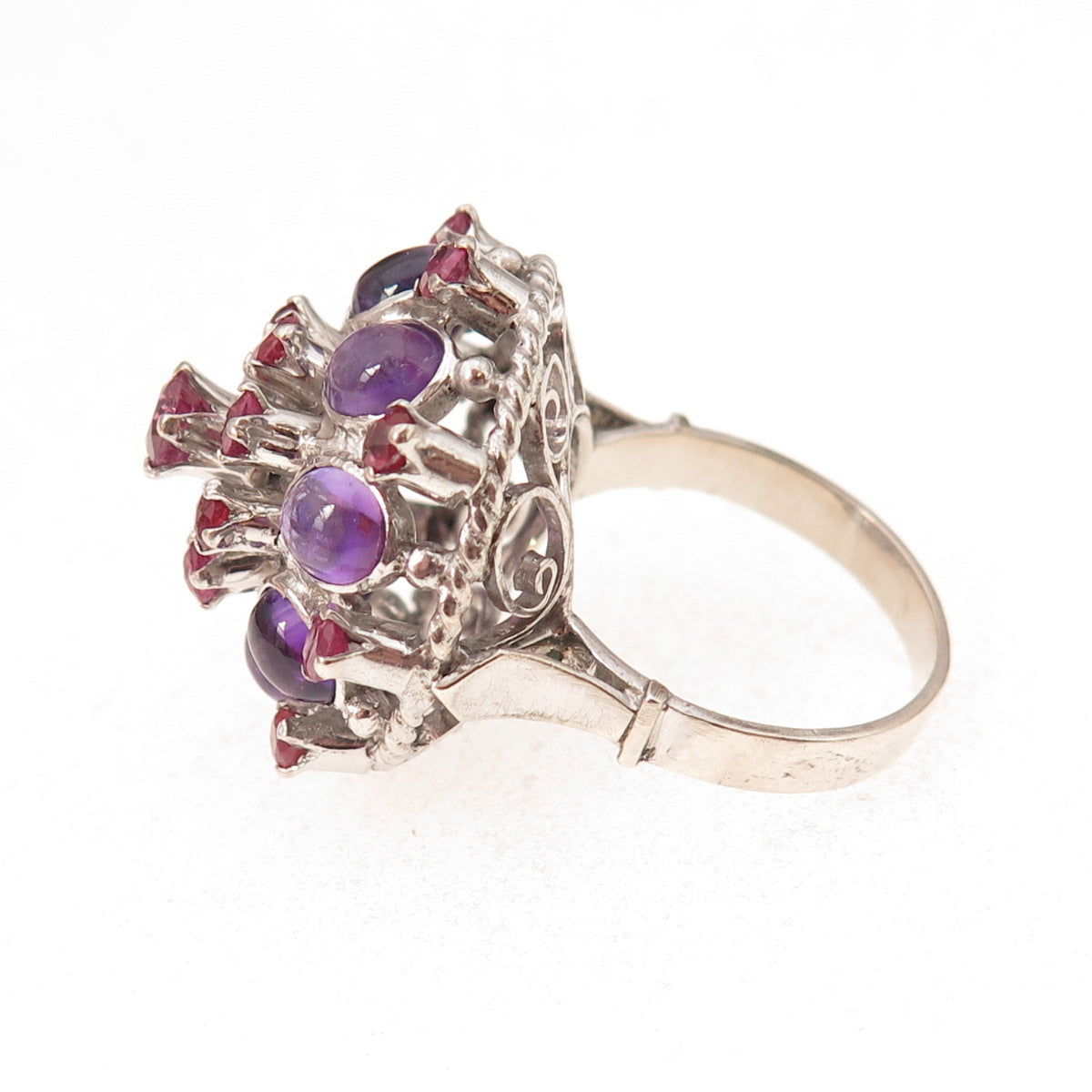 925 Sterling Silver Antique Art Deco Real Ruby & Amethyst Ring Size 7.25