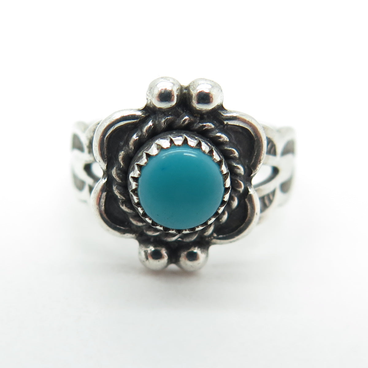 Old Pawn Sterling Silver Vintage Bisbee Turquoise Snake Eye Baby Ring Size 1.75