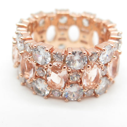 925 Sterling Silver Rose Gold Plated Real Morganite & C Z Wide Band Ring Size 7