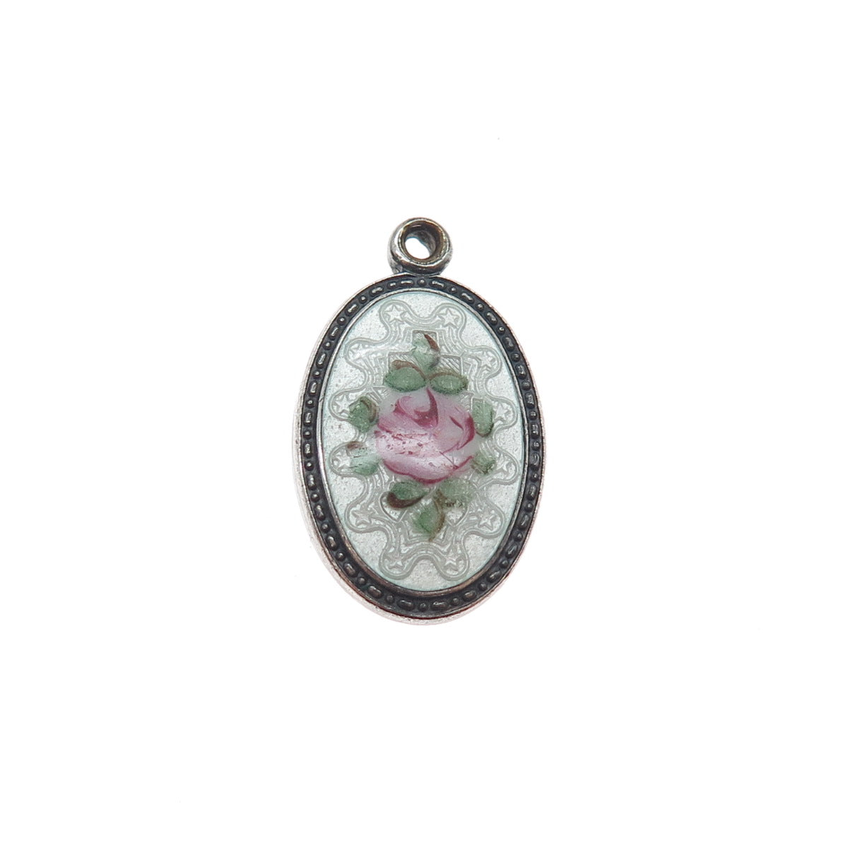 925 Sterling Silver Antique Enamel Rose Flower St. Mary Jesus Mini Slide Pendant
