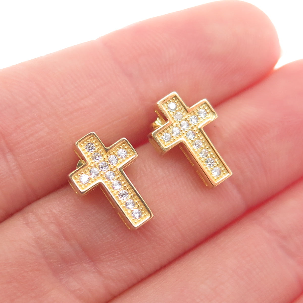 925 Sterling Silver Gold Plated Round-Cut C Z Cross Earrings
