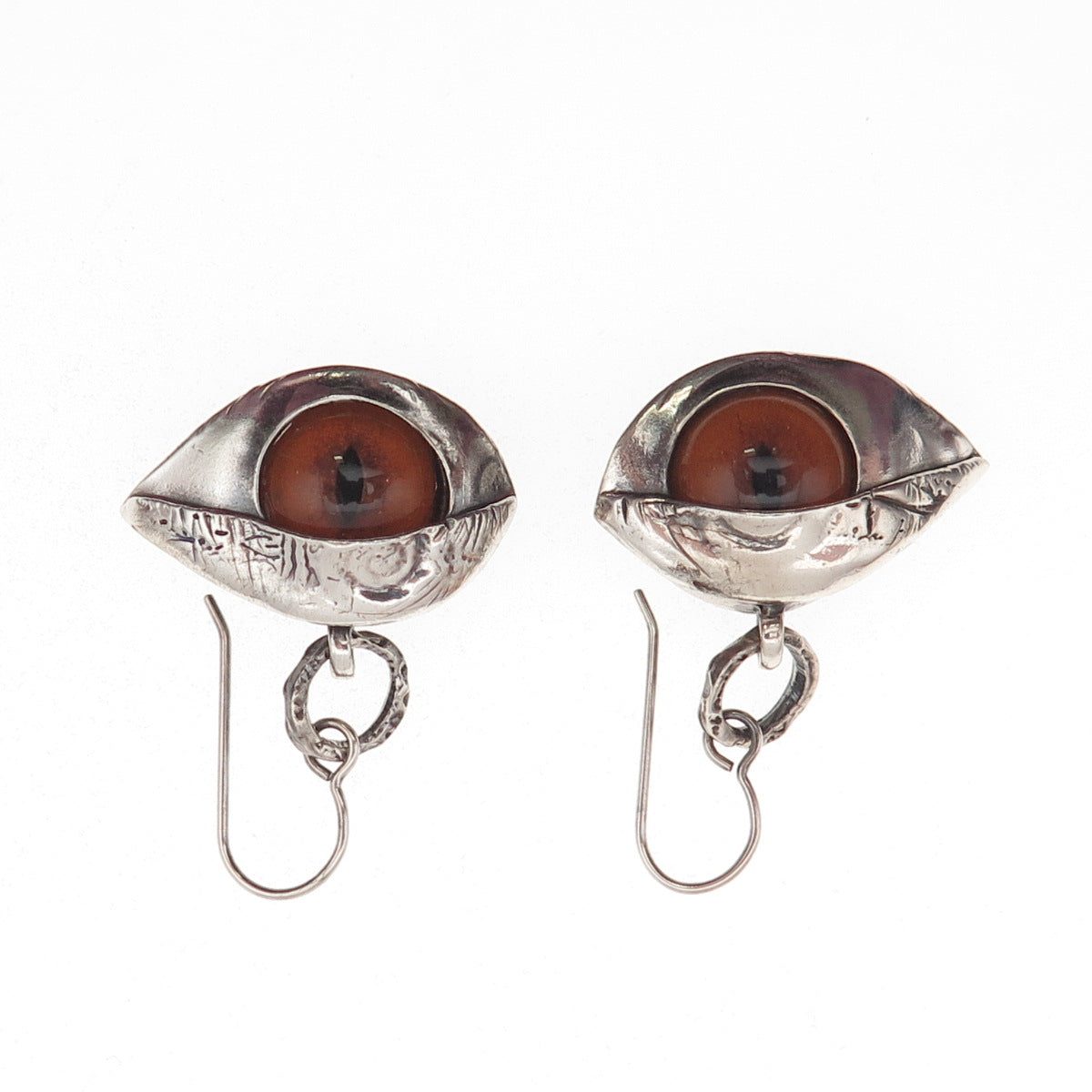 925 Sterling Silver Vintage Glass Modernist Evil's Eye Oxidized Dangle Earrings