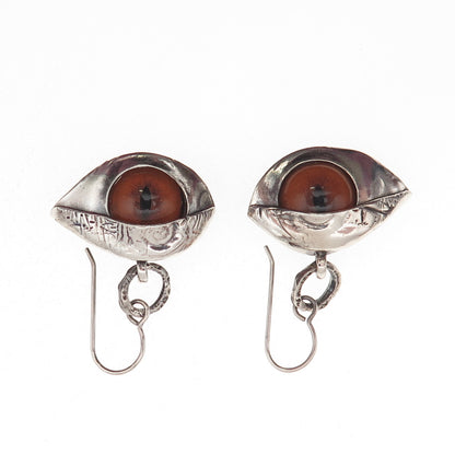 925 Sterling Silver Vintage Glass Modernist Evil's Eye Oxidized Dangle Earrings