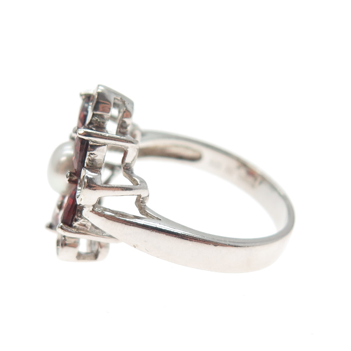 925 Sterling Silver Vintage Real Pearl Red Garnet Citrine Flower Ring Size 9.25