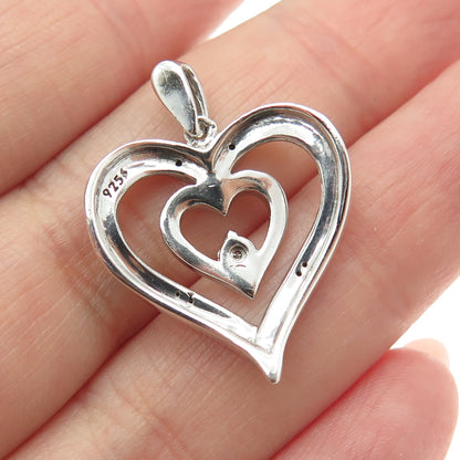 925 Sterling Silver Real Round-Cut Diamond Double Heart Pendant