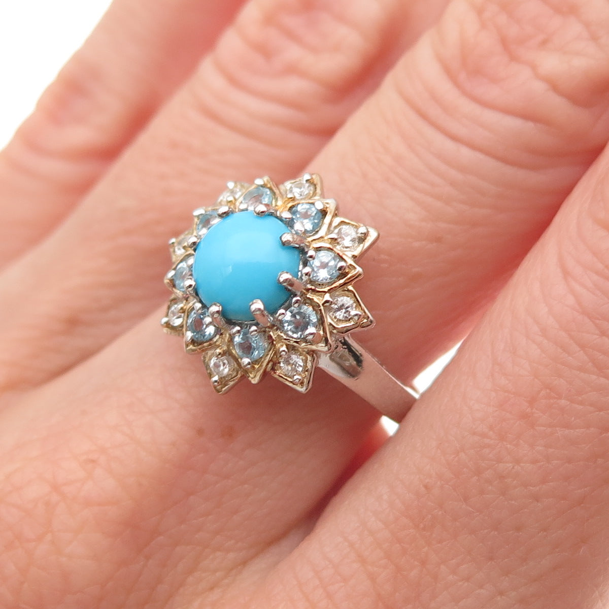 Chuck Clemency 925 Sterling 2-Tone Real Turquoise Blue & White Topaz Ring Size 7