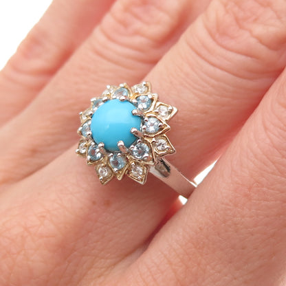 Chuck Clemency 925 Sterling 2-Tone Real Turquoise Blue & White Topaz Ring Size 7