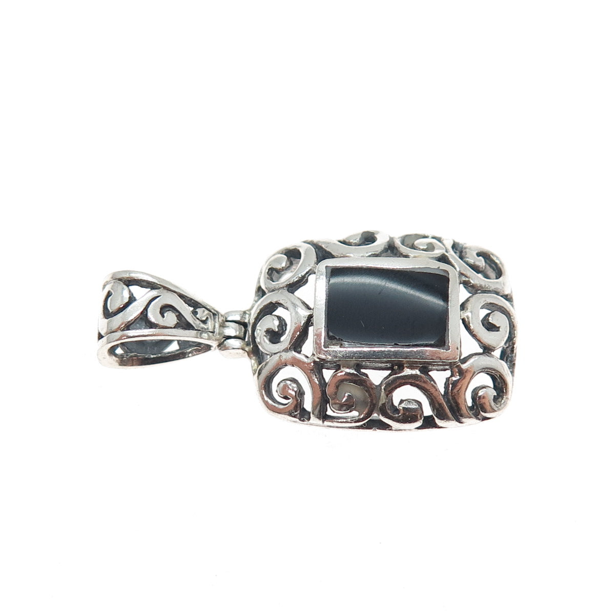925 Sterling Silver Vintage Real Black Onyx Spiral Oxidized Charm Pendant