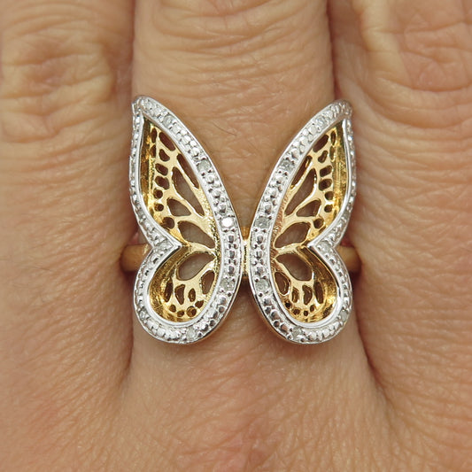 DEE BERKLEY JEWELRY 925 Sterling Silver 2-Tone Diamond Butterfly Ring Size 10