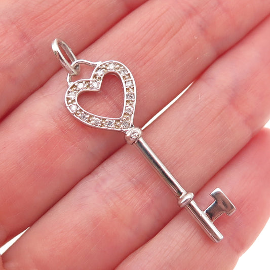 925 Sterling Silver Round-Cut C Z Heart Key Charm Pendant