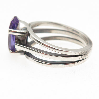 925 Sterling Silver Vintage Real Amethyst Modernist Oxidized Ring Size 9.5