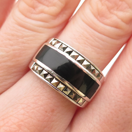 925 Sterling Silver Vintage Real Black Onyx & Marcasite Ring Size 7