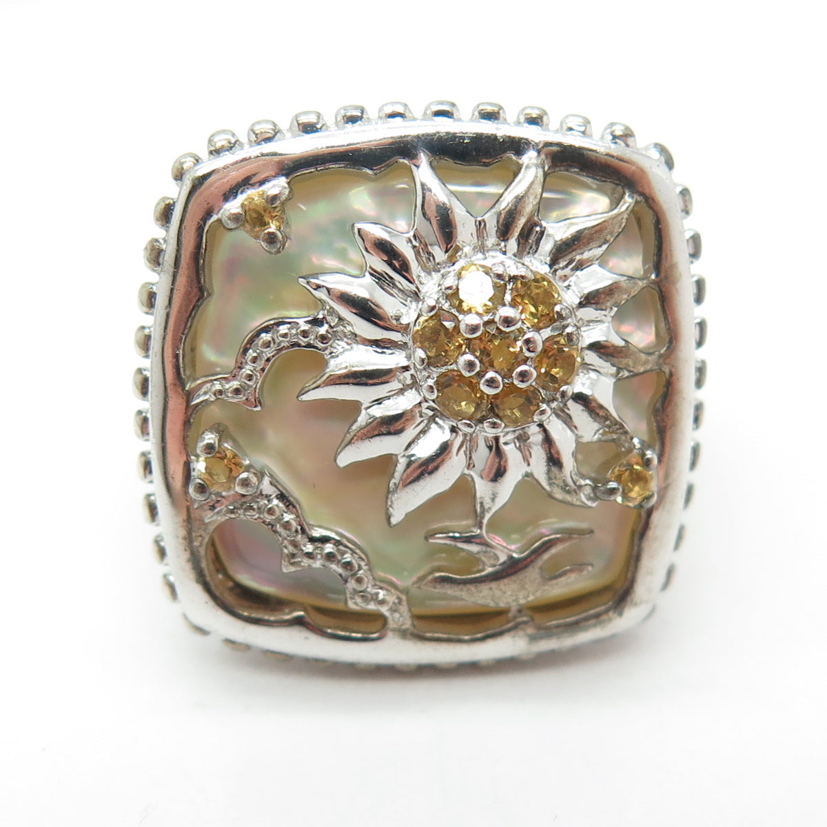 925 Sterling Silver Real Mother-of-Pearl & Citrine Seagull Sun Ring Size 7.25