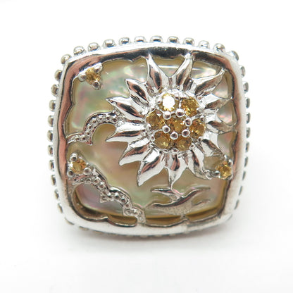925 Sterling Silver Real Mother-of-Pearl & Citrine Seagull Sun Ring Size 7.25