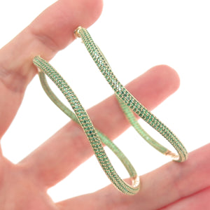 KLEO 925 Sterling Silver Gold Plated Green C Z In & Out Wavy Large Hoop Earrings