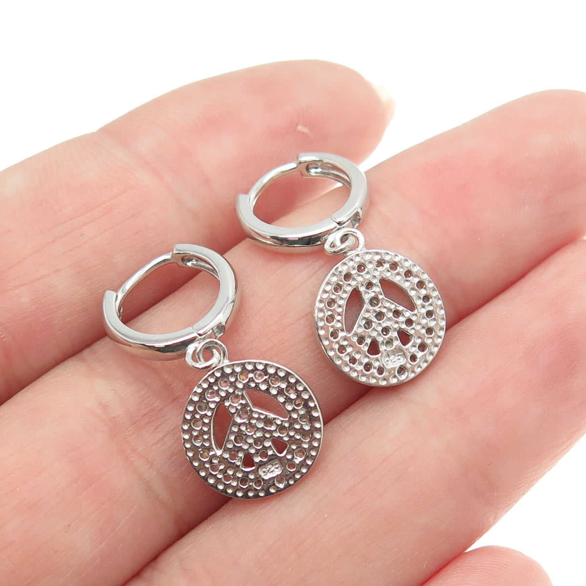 925 Sterling Silver Round-Cut C Z Peace Symbol Dangling Earrings